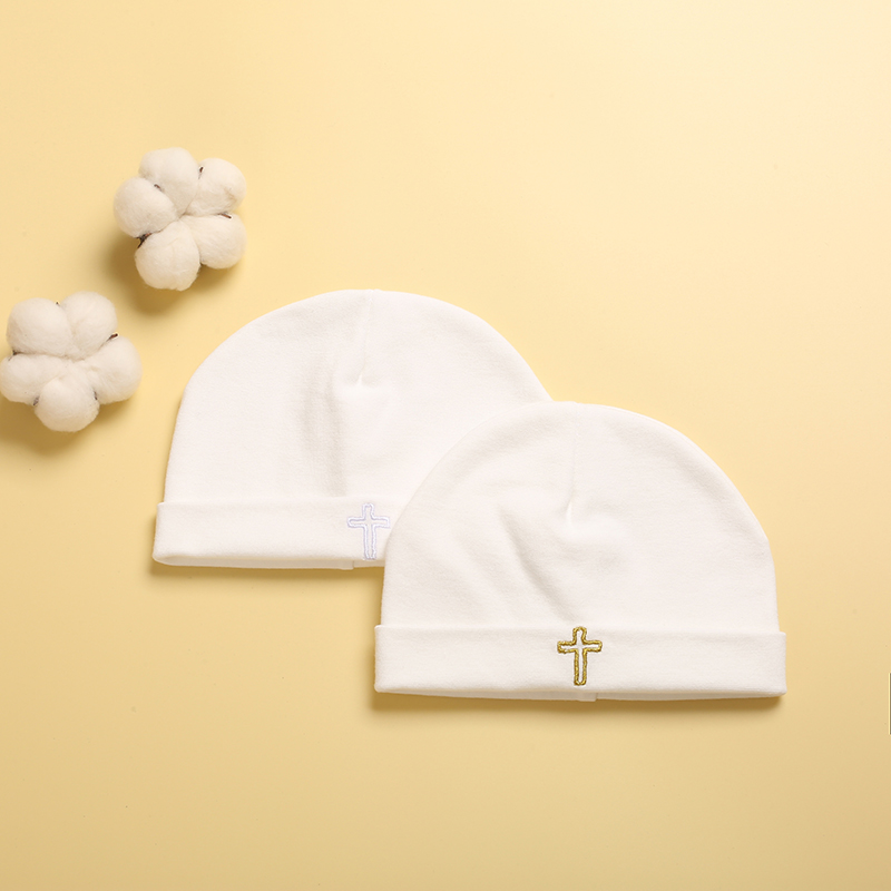 Beanie Cuffed Knit - Newborn Cross Embroidery Beanie Hat Soft